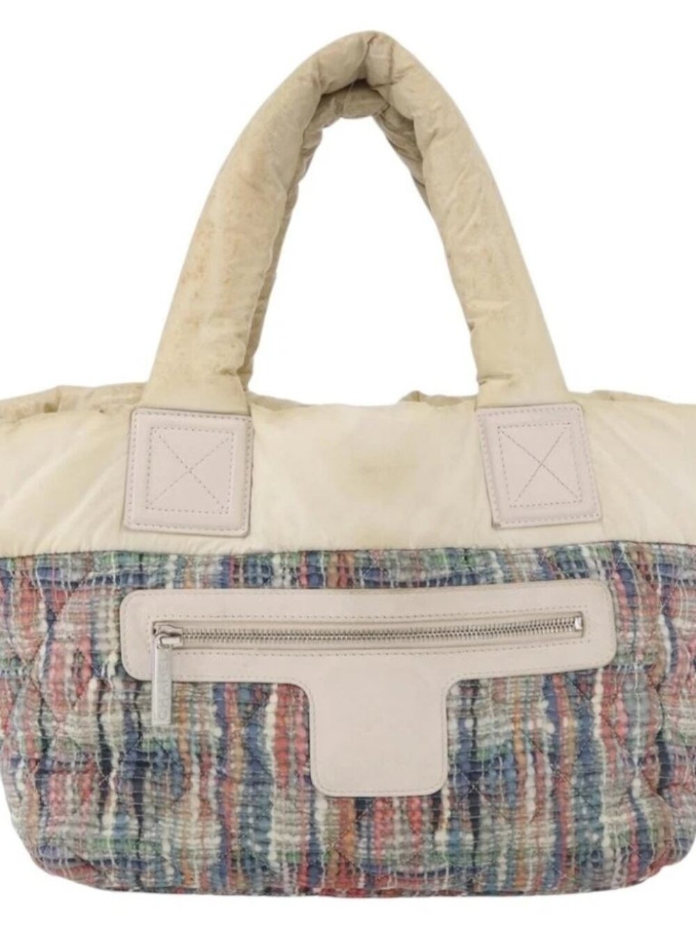 CHANEL Cococoon Hand Bag Nylon Beige Silver CC Auth BA12656